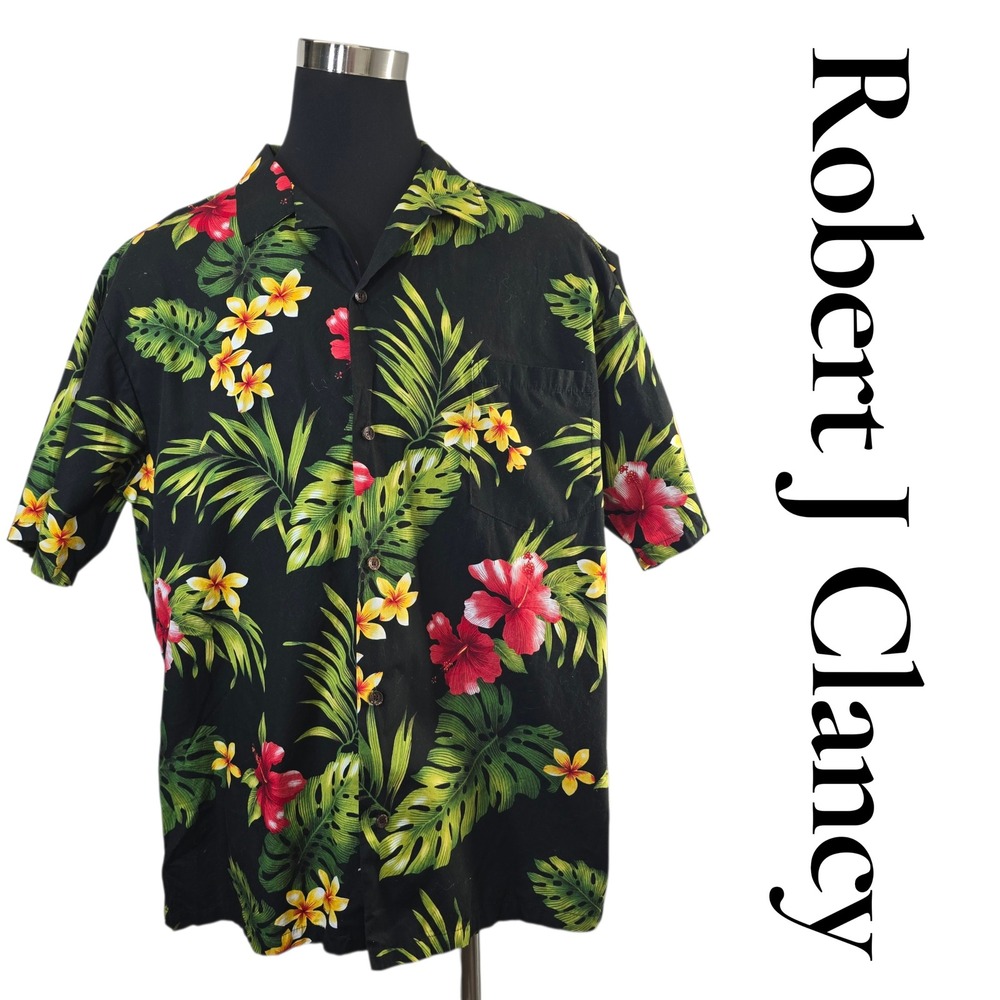 RJC Hawaiian Shirt Mens 3XL Black Floral Aloha Button Up‎ Made in USA